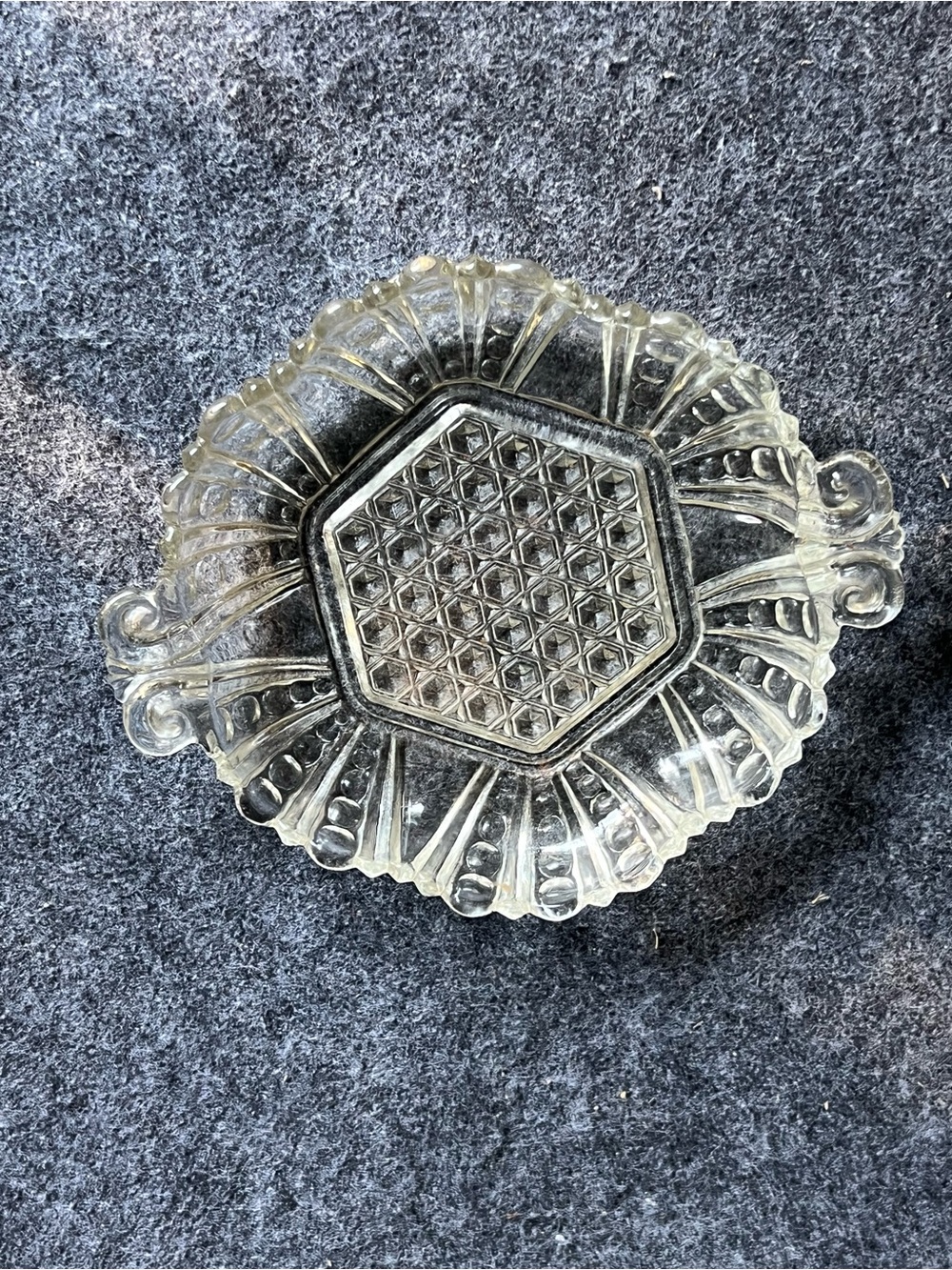 Vintage 6 Sided Crystal Cut Glass Nut/Candy Dish with Handles